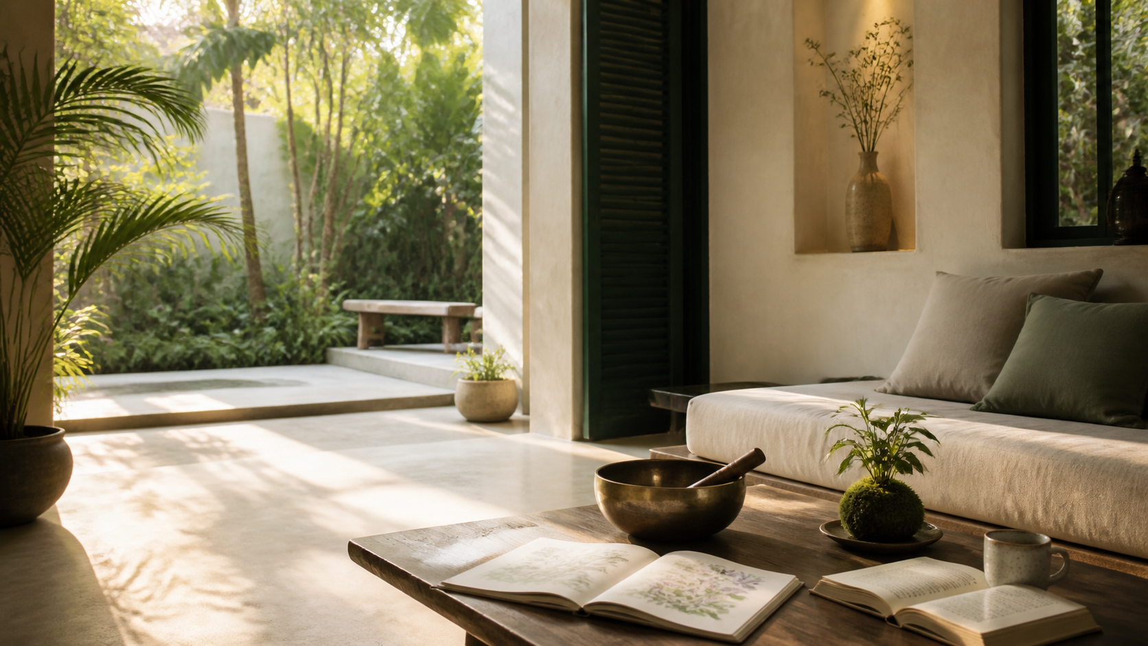 A quiet tropical interior prepared for sound, art, nature and reading